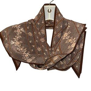 Vintage brown white flowers SPRING hand rolled sewn SILK Pussy Bow scarf